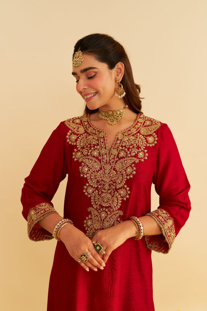 Hiba - Long Kaftan With Salwar-Deep Red silk by SHEETAL BATRA in red color for women in Singapore