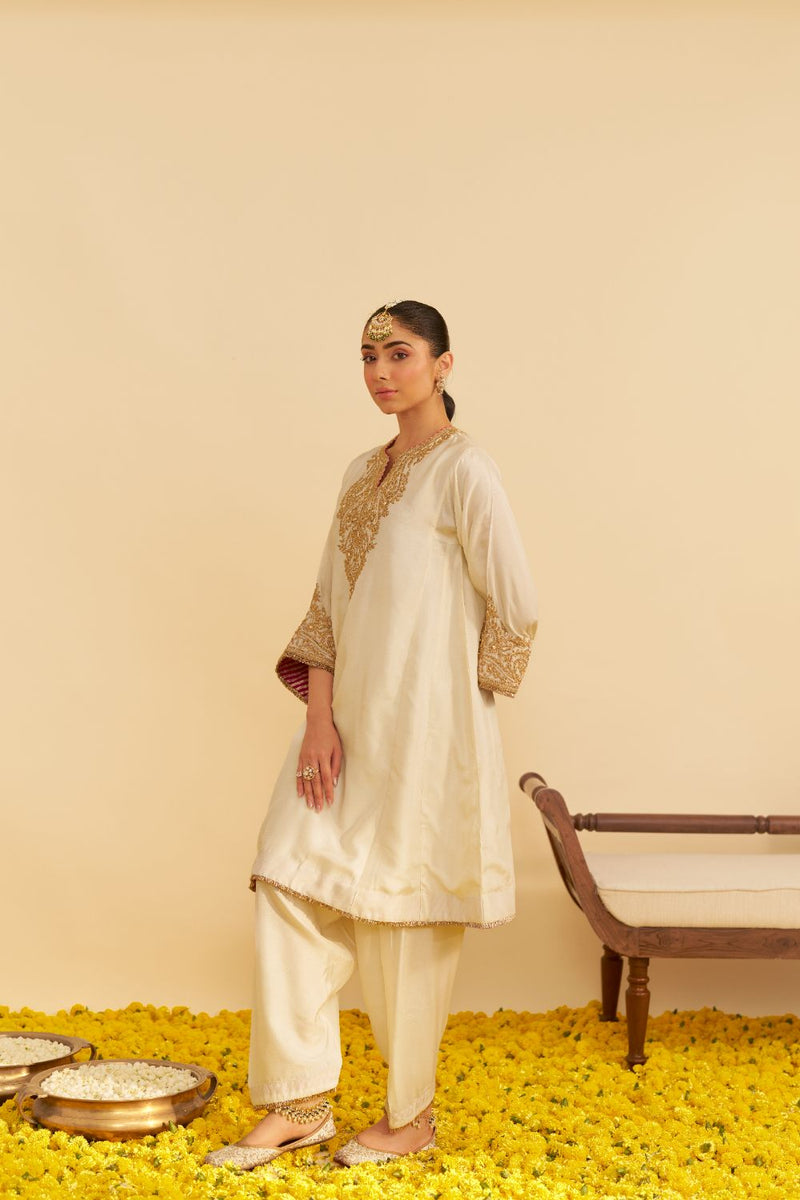 Marwa - Short Chauga With Salwar-Daisy Ivory silk by SHEETAL BATRA in ivory color for women in Singapore