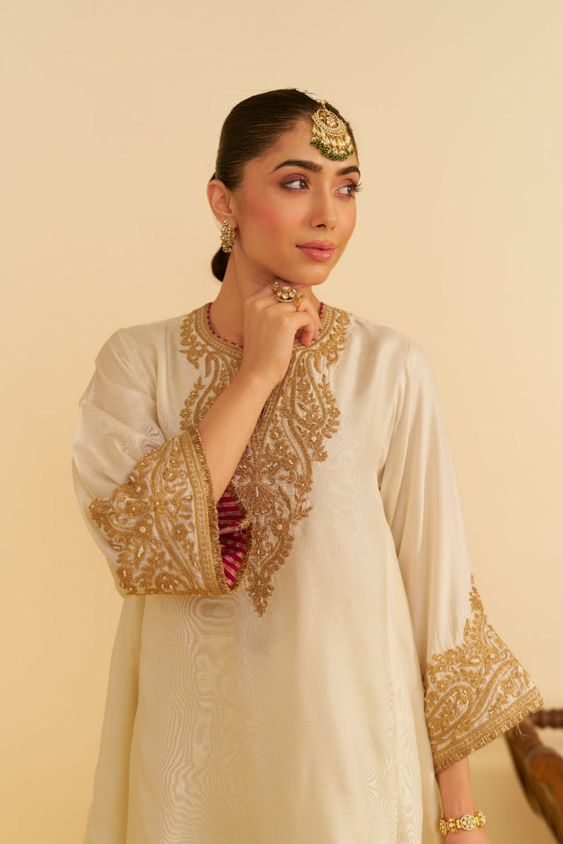 Marwa - Short Chauga With Salwar-Daisy Ivory silk by SHEETAL BATRA in ivory color for women in Singapore