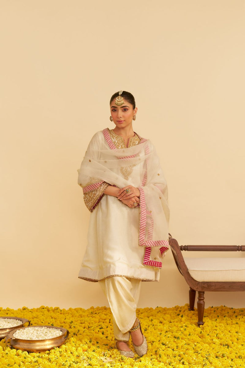 Marwa - Short Chauga With Salwar-Daisy Ivory silk by SHEETAL BATRA in ivory color for women in Singapore
