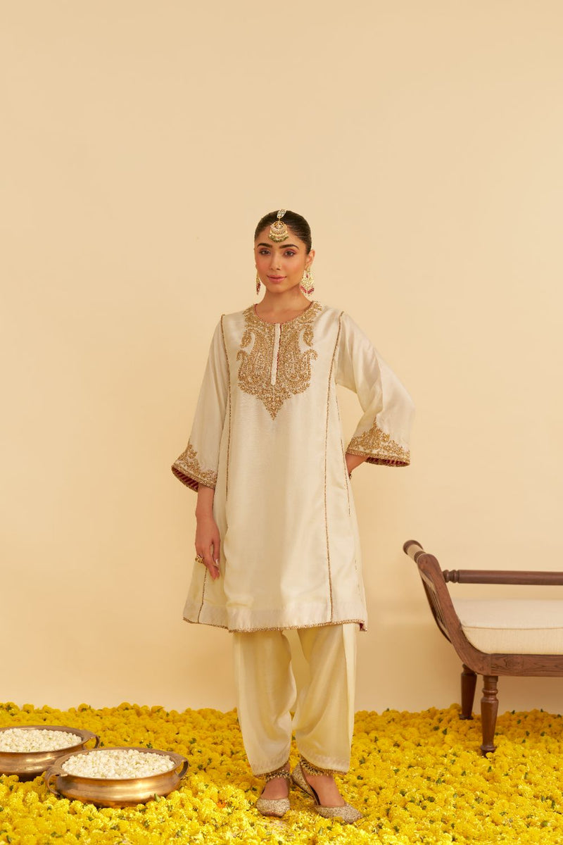 Ayra - Short Chauga With Salwar-Daisy Ivory silk by SHEETAL BATRA in ivory color for women in Singapore
