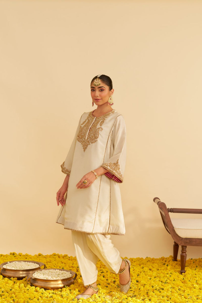 Ayra - Short Chauga With Salwar-Daisy Ivory silk by SHEETAL BATRA in ivory color for women in Singapore