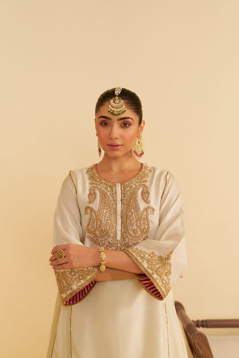 Ayra - Short Chauga With Salwar-Daisy Ivory silk by SHEETAL BATRA in ivory color for women in Singapore