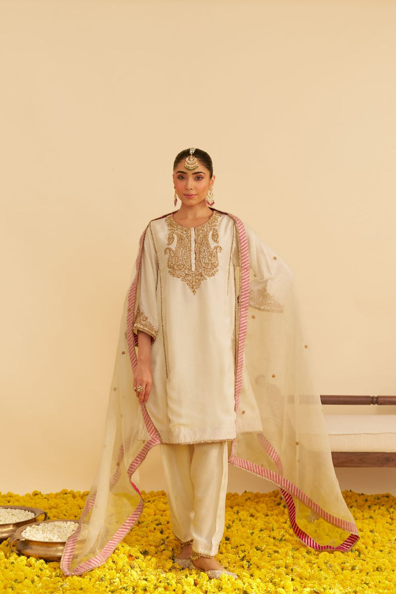 Ayra - Short Chauga With Salwar-Daisy Ivory silk by SHEETAL BATRA in ivory color for women in Singapore