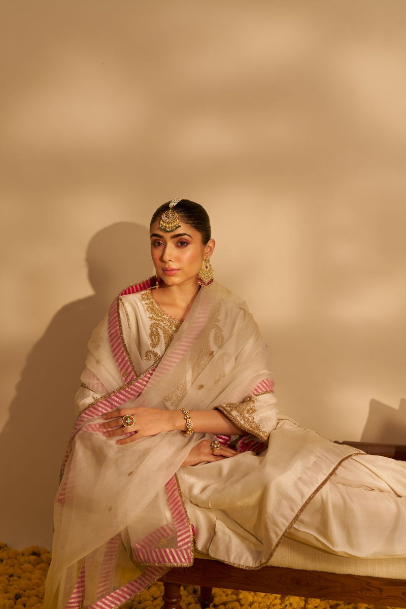 Ayra - Short Chauga With Salwar-Daisy Ivory silk by SHEETAL BATRA in ivory color for women in Singapore