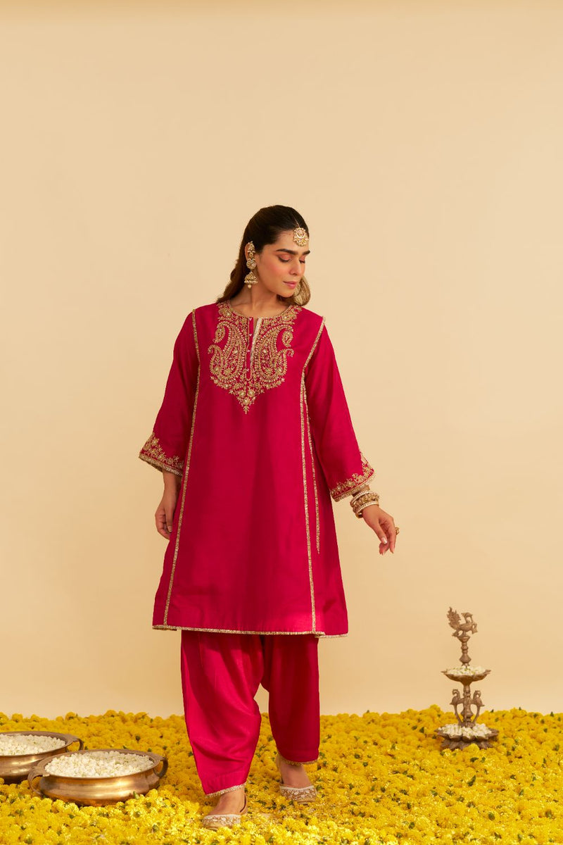Ayra - Short Chauga With Salwar-Hotpink silk by SHEETAL BATRA in pink color for women in Singapore