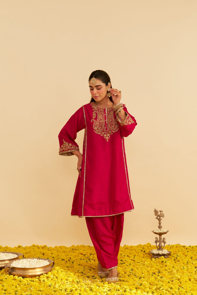 Ayra - Short Chauga With Salwar-Hotpink silk by SHEETAL BATRA in pink color for women in Singapore