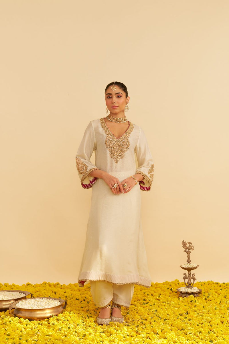 Haayat - Long Kaftan With Salwar-Daisy Ivory silk by SHEETAL BATRA in ivory color for women in Singapore