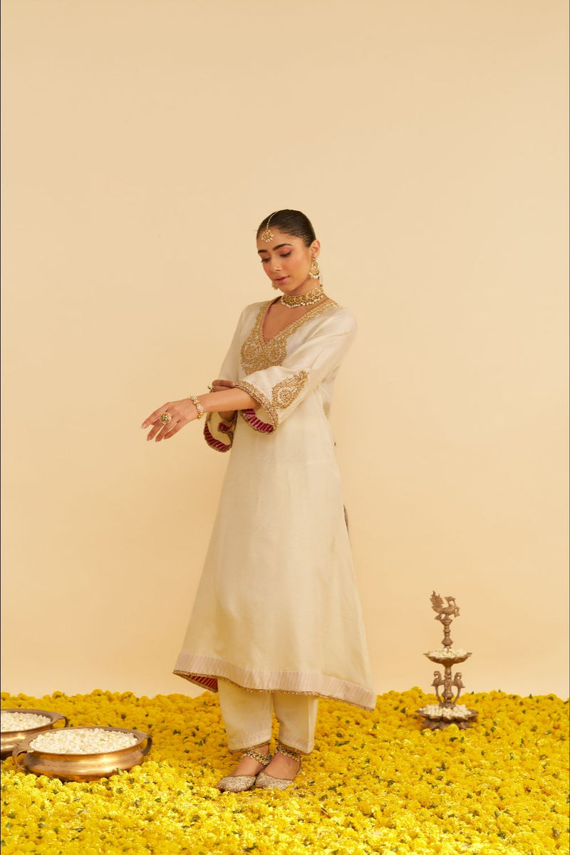 Haayat - Long Kaftan With Salwar-Daisy Ivory silk by SHEETAL BATRA in ivory color for women in Singapore