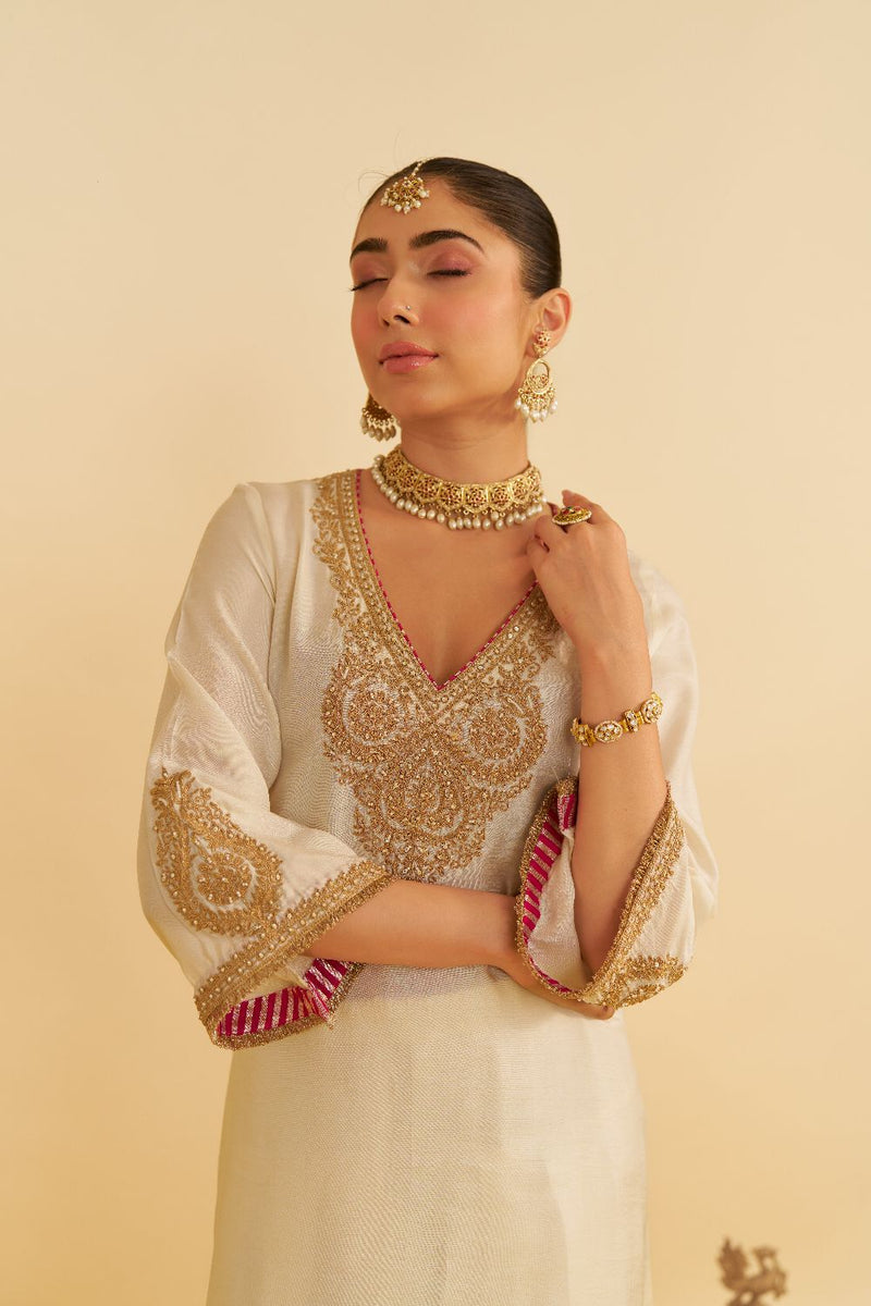 Haayat - Long Kaftan With Salwar-Daisy Ivory silk by SHEETAL BATRA in ivory color for women in Singapore
