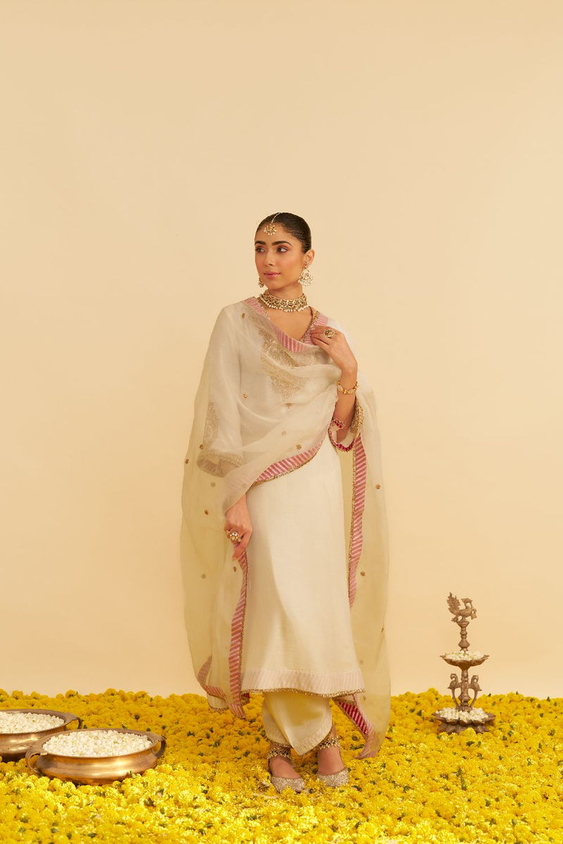 Haayat - Long Kaftan With Salwar-Daisy Ivory silk by SHEETAL BATRA in ivory color for women in Singapore