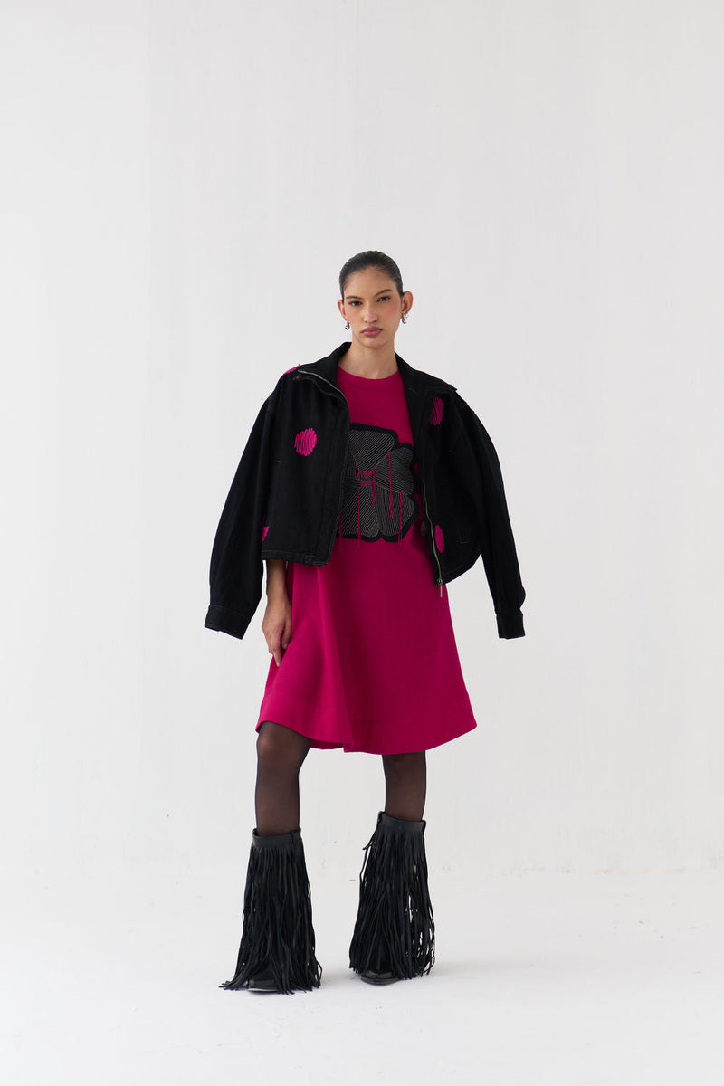 Polka Denim Bomber Co-Ord (Set Of 2)-Fuchsia wool dress by THREE in fuchsia, black for women in Singapore