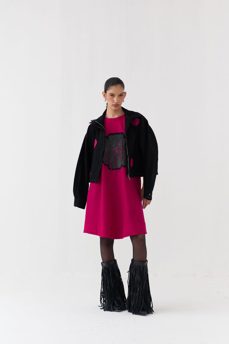 Polka Denim Bomber Co-Ord (Set Of 2)-Fuchsia wool dress by THREE in fuchsia, black for women in Singapore