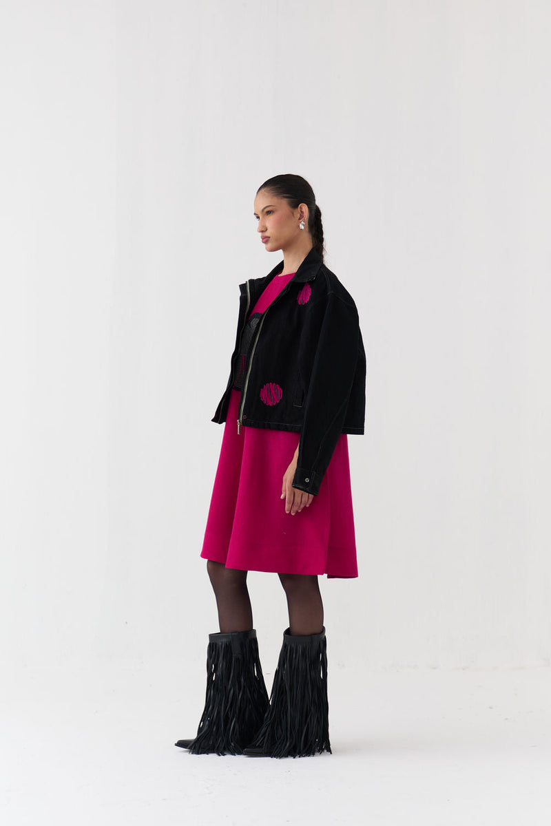 Polka Denim Bomber Co-Ord (Set Of 2)-Fuchsia wool dress by THREE in fuchsia, black for women in Singapore