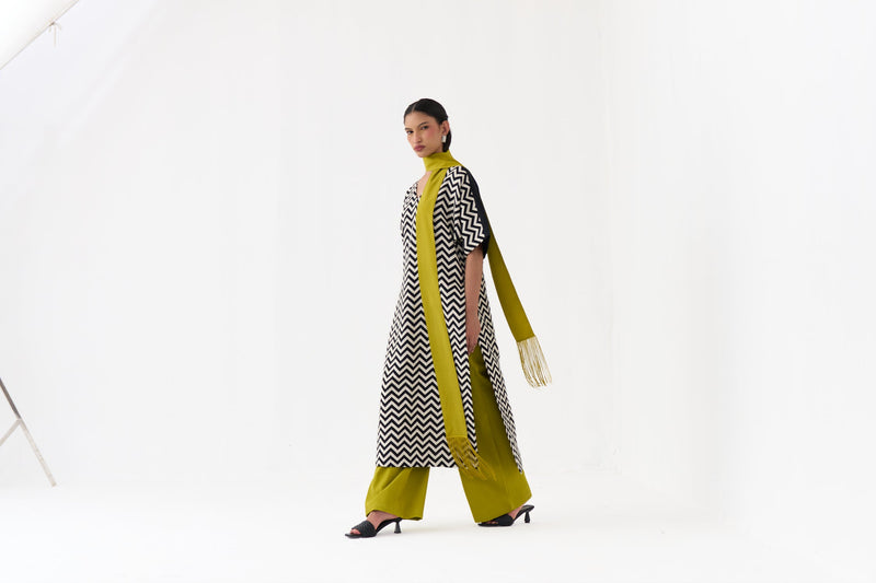 V Neck Kaftan-Black Chevron handwoven cotton twill tunics/kaftan by THREE in black for women in Singapore