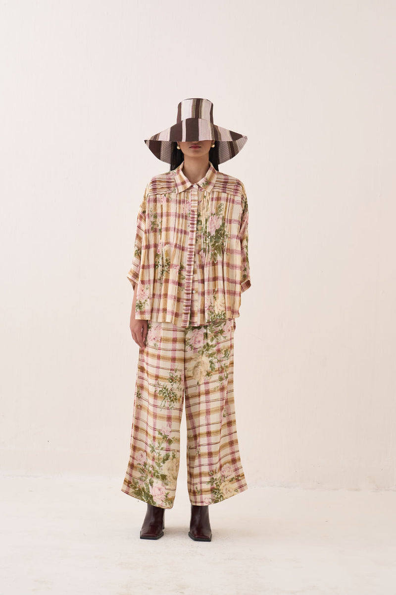 Jaali Rose Pintuck Shirt Set cotton slub co-ord set by O'Frida in ivory for women in Singapore
