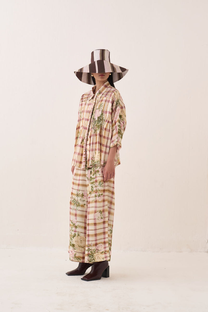 Jaali Rose Pintuck Shirt Set cotton slub co-ord set by O'Frida in ivory for women in Singapore