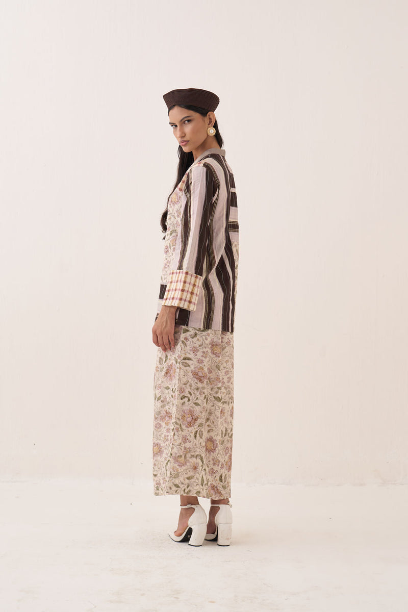 OFR 10 Patchwork Jacket Set cotton slub and bembel muslin co-ord set by O'Frida in ivory for women in Singapore