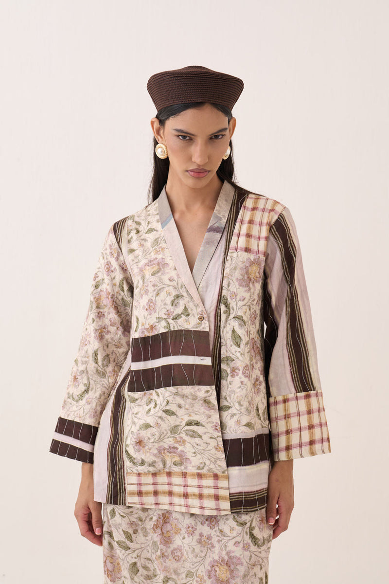OFR 10 Patchwork Jacket cotton slub and bembel muslin jacket/overlay by O'Frida in ivory for women in Singapore