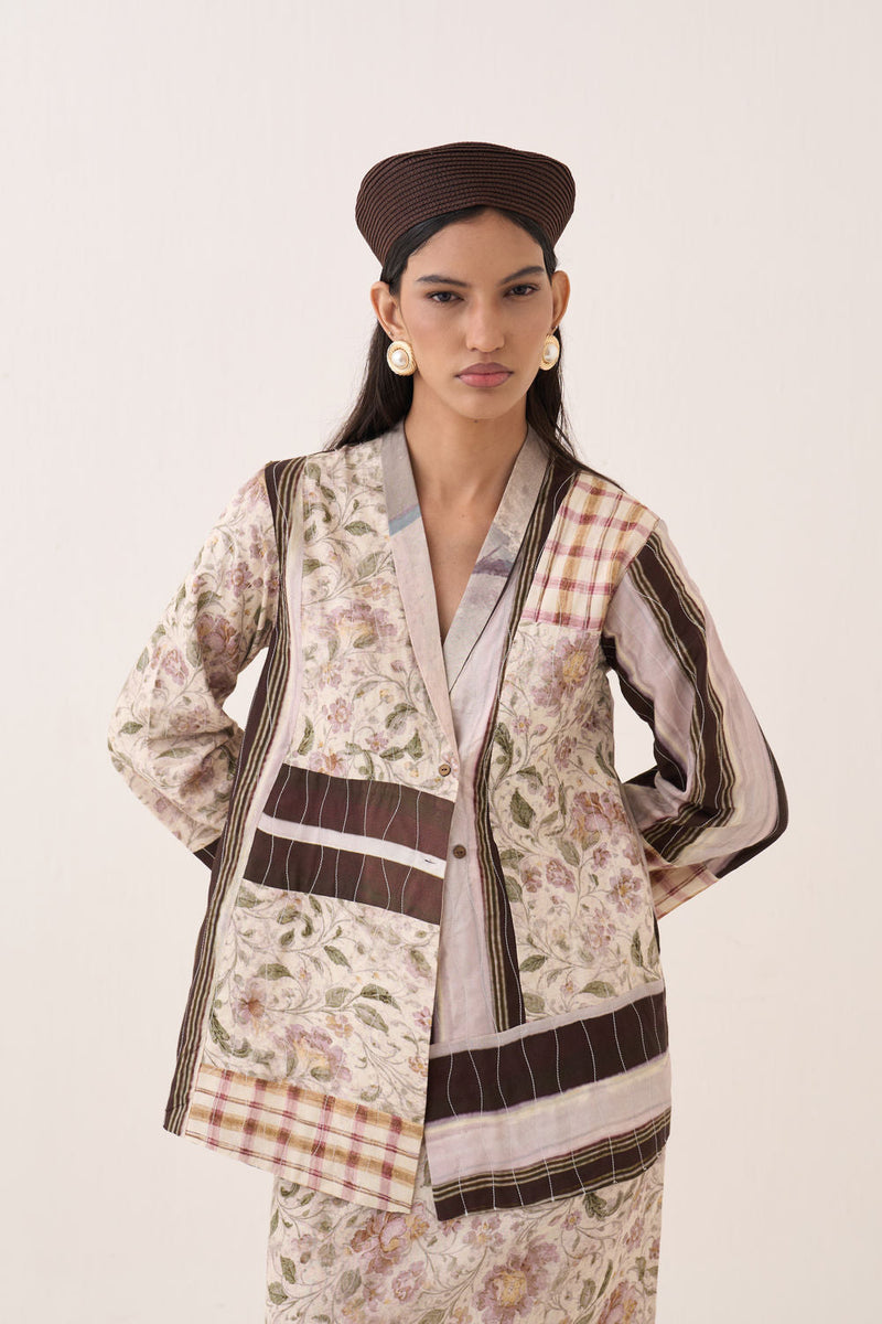 OFR 10 Patchwork Jacket Set cotton slub and bembel muslin co-ord set by O'Frida in ivory for women in Singapore