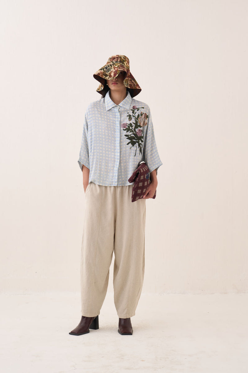 Gingham Ae Shirt Set cotton slub co-ord set by O'Frida in blue for women in Singapore