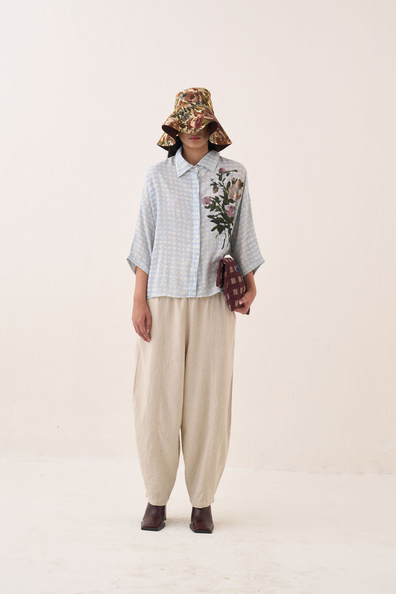 Gingham Ae Shirt cotton slub top/shirt by O'Frida in blue for women in Singapore