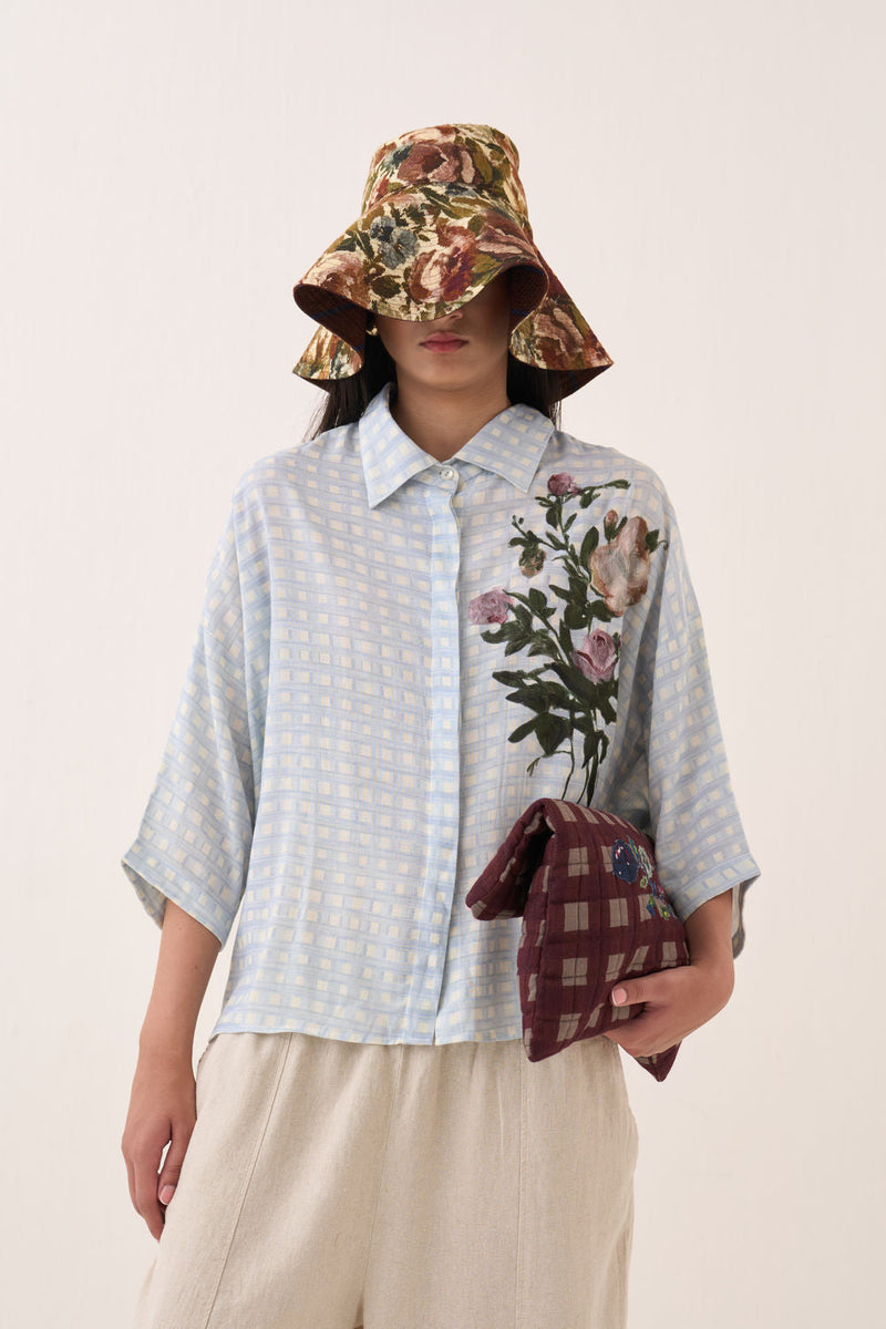 Gingham Ae Shirt Set cotton slub co-ord set by O'Frida in blue for women in Singapore