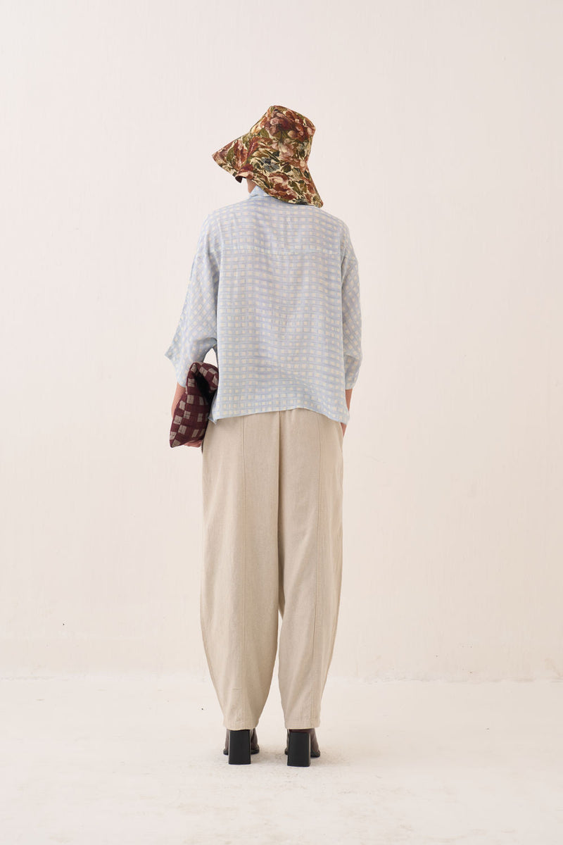 Gingham Ae Shirt Set cotton slub co-ord set by O'Frida in blue for women in Singapore