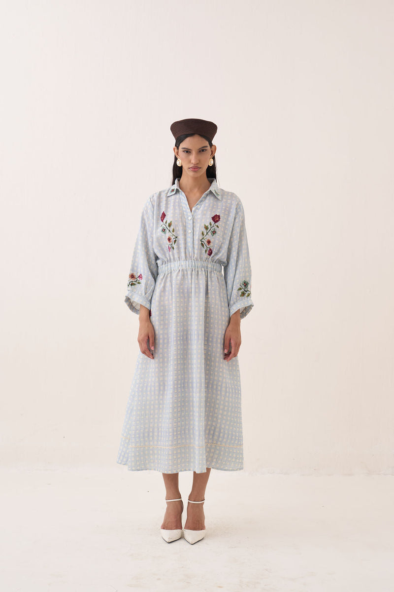 Gingham Poem Dress cotton slub dress by O'Frida in blue for women in Singapore