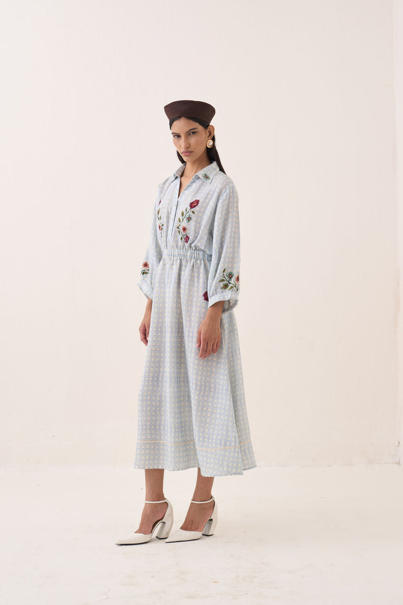 Gingham Poem Dress cotton slub dress by O'Frida in blue for women in Singapore