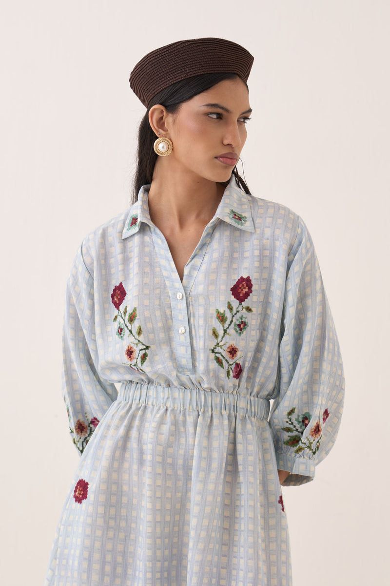 Gingham Poem Dress cotton slub dress by O'Frida in blue for women in Singapore