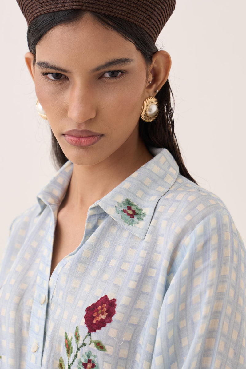 Gingham Poem Dress cotton slub dress by O'Frida in blue for women in Singapore
