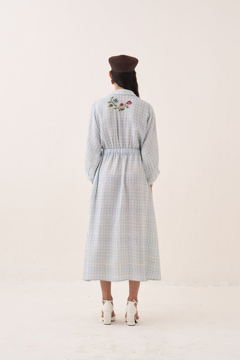 Gingham Poem Dress cotton slub dress by O'Frida in blue for women in Singapore