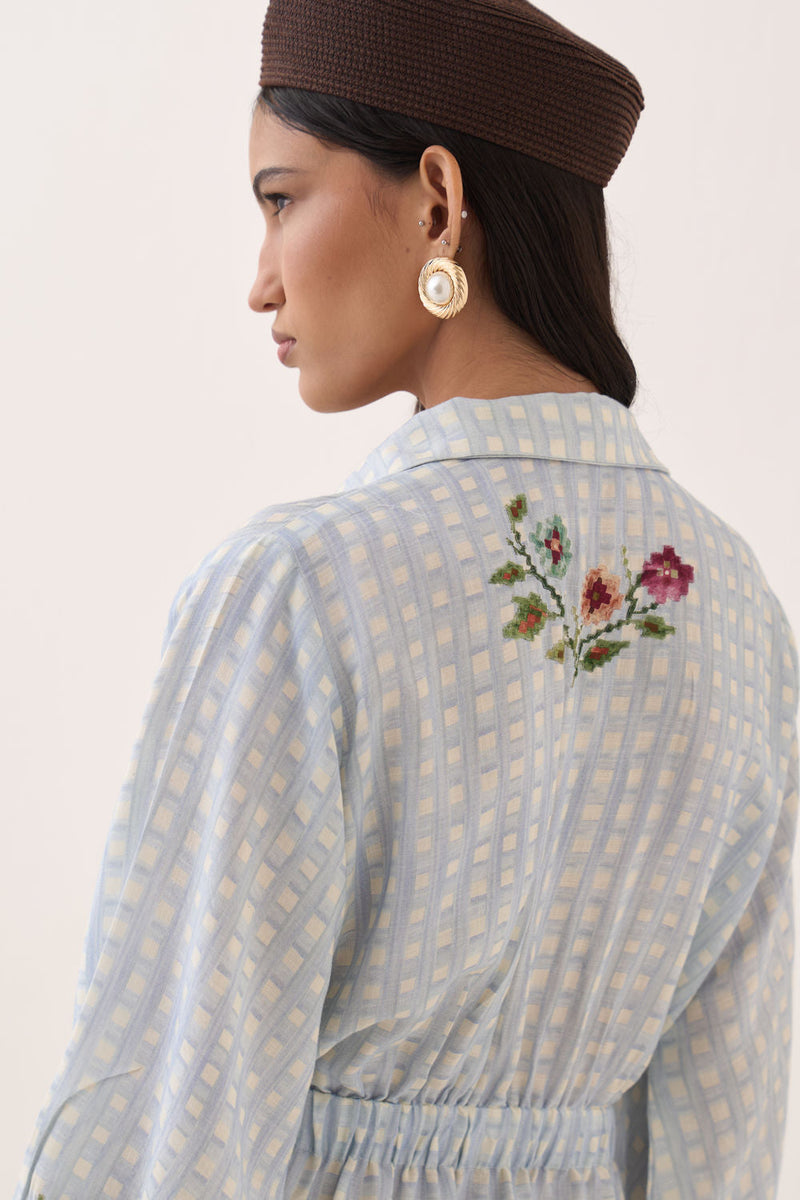 Gingham Poem Dress cotton slub dress by O'Frida in blue for women in Singapore