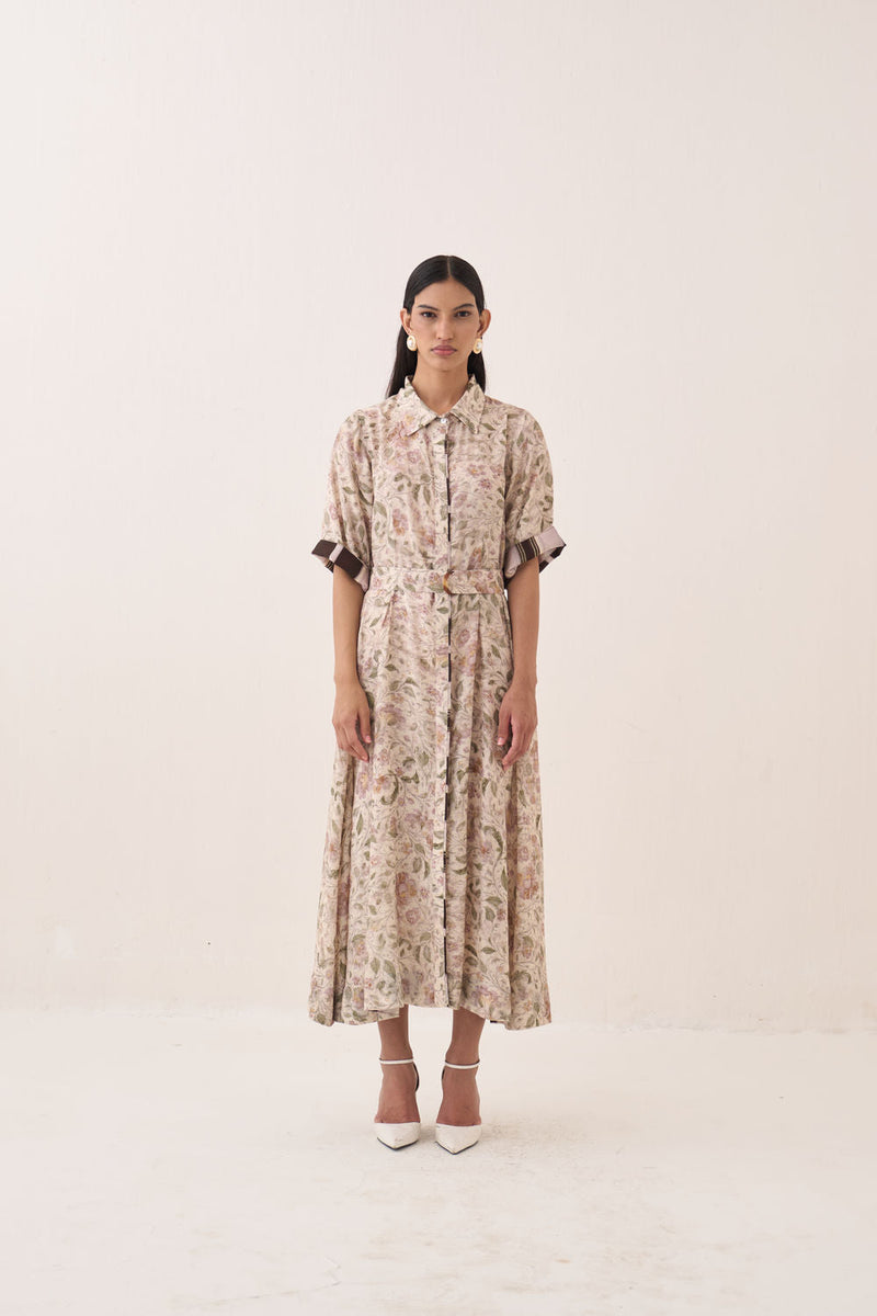 Gulzar Front Placket Aline bemberg muslin dress by O'Frida in ivory for women in Singapore