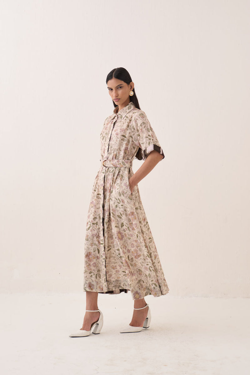 Gulzar Front Placket Aline bemberg muslin dress by O'Frida in ivory for women in Singapore