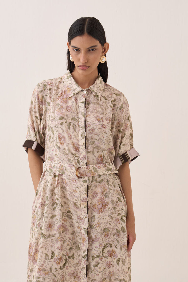 Gulzar Front Placket Aline bemberg muslin dress by O'Frida in ivory for women in Singapore
