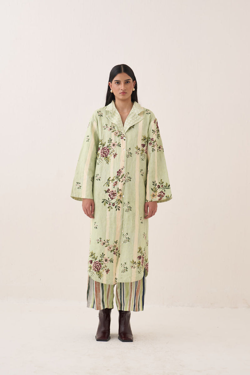 Bagiya Trench Jacket cotton slub jacket/overlay by O'Frida in green for women in Singapore