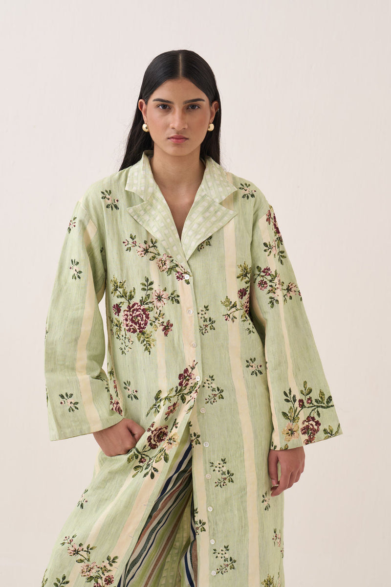 Bagiya Trench Jacket cotton slub jacket/overlay by O'Frida in green for women in Singapore