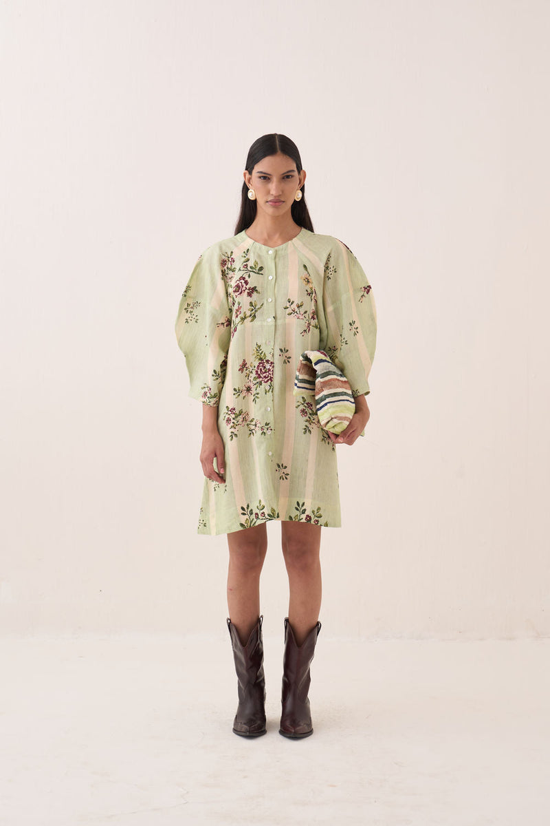 Bagiya Bubble Sleeve Aline cotton slub dress by O'Frida in green for women in Singapore