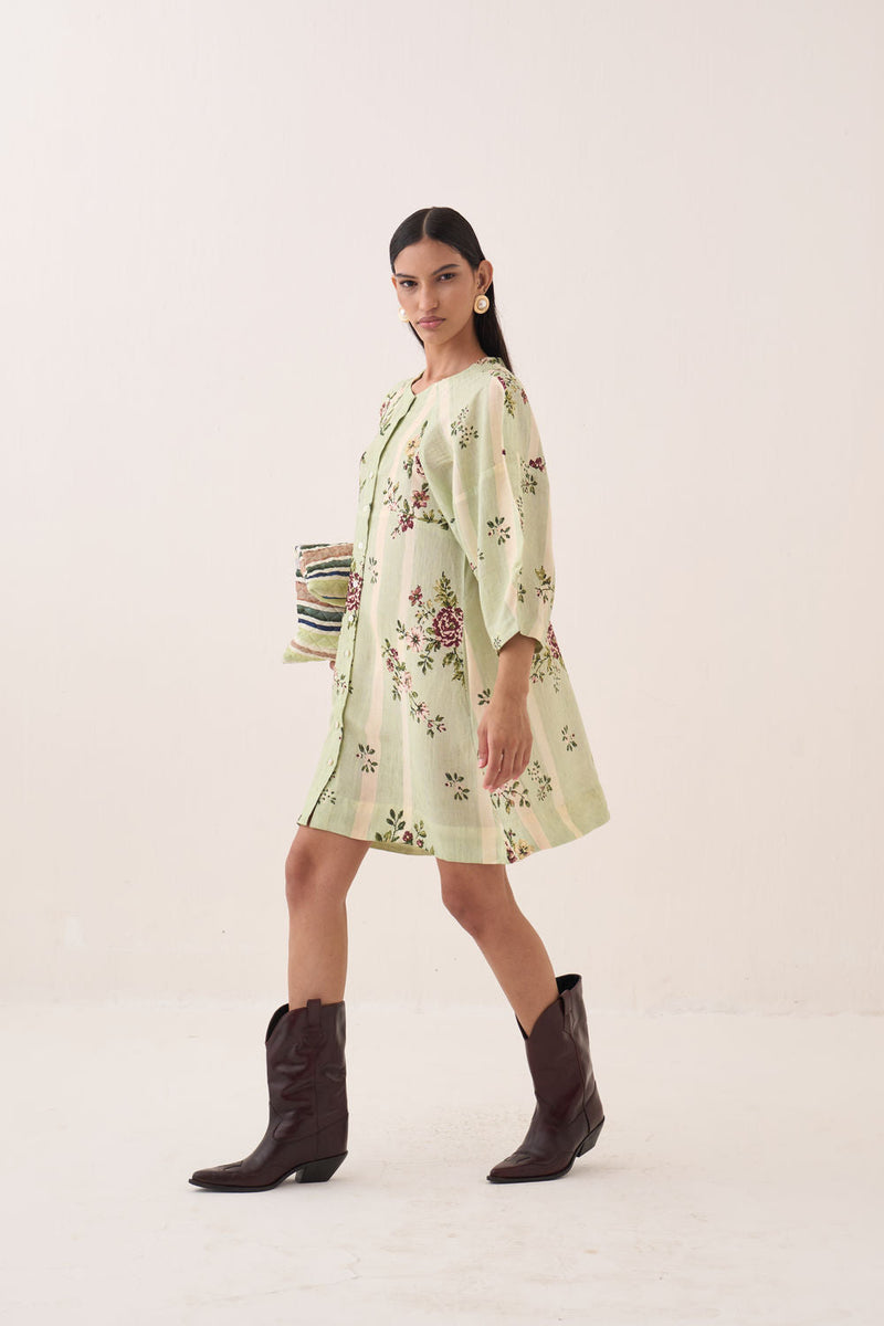Bagiya Bubble Sleeve Aline cotton slub dress by O'Frida in green for women in Singapore