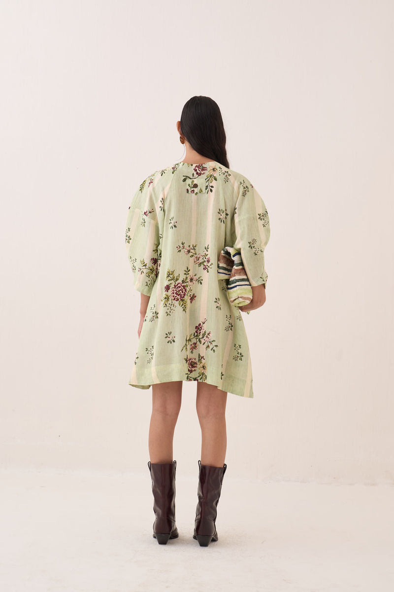 Bagiya Bubble Sleeve Aline cotton slub dress by O'Frida in green for women in Singapore