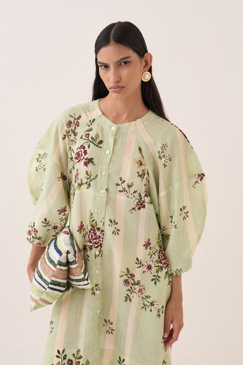 Bagiya Bubble Sleeve Aline cotton slub dress by O'Frida in green for women in Singapore
