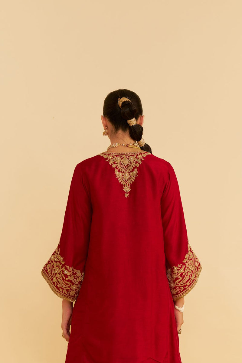 Marwa - Short Chauga With Salwar-Deep Red silk by SHEETAL BATRA in red color for women in Singapore