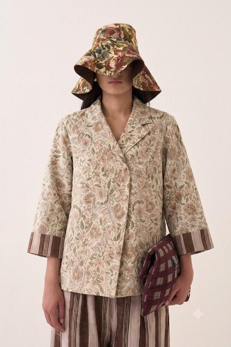 Gulzar Psyflora Shirt cotton slub jacket/overlay by O'Frida in ivory for women in Singapore