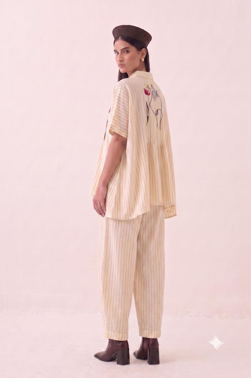 Lehar Rose Top Set cotton slub co-ord set by O'Frida in ivory for women in Singapore