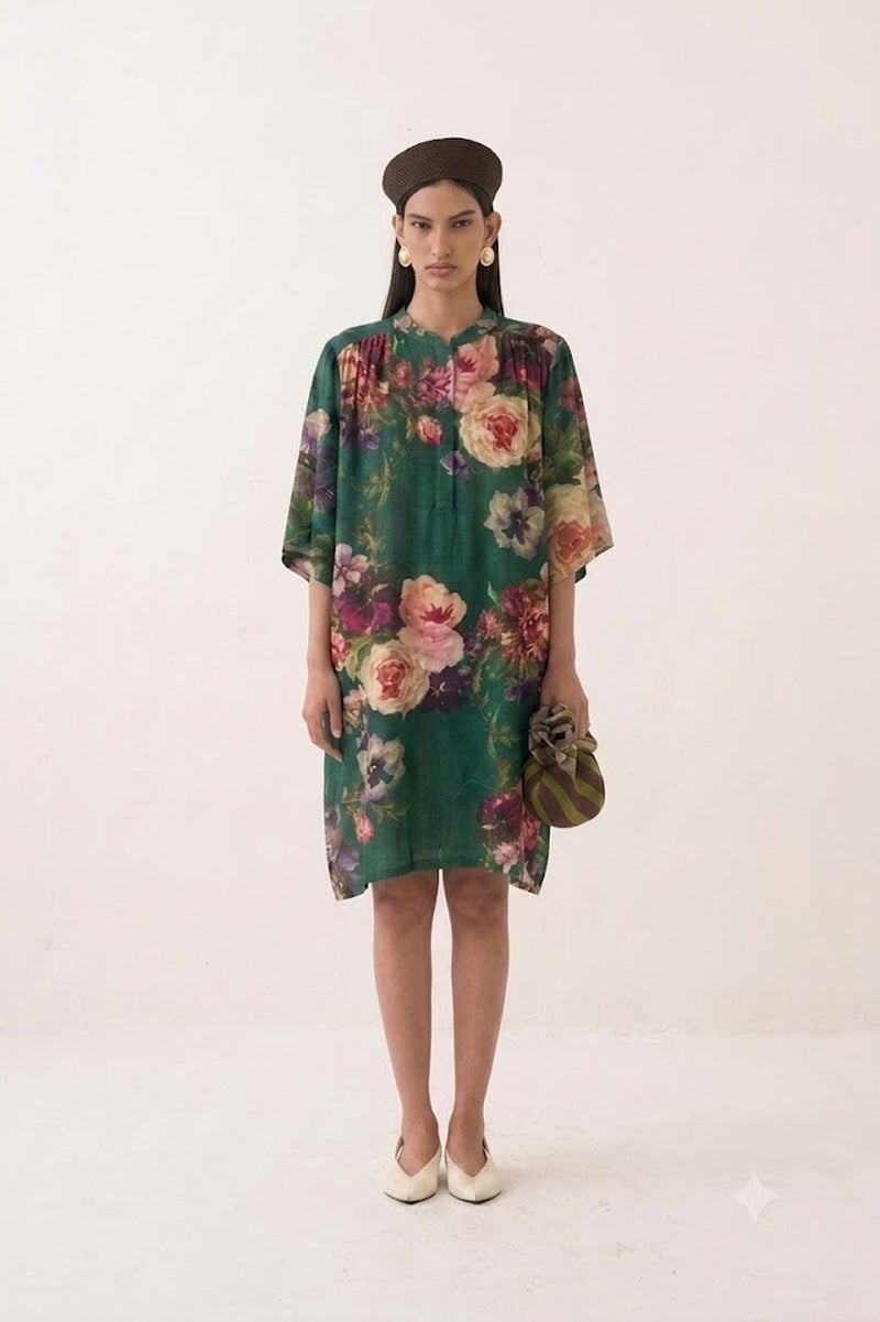 Rosarium Short Beach Dress poplin dress by O'Frida in green for women in Singapore