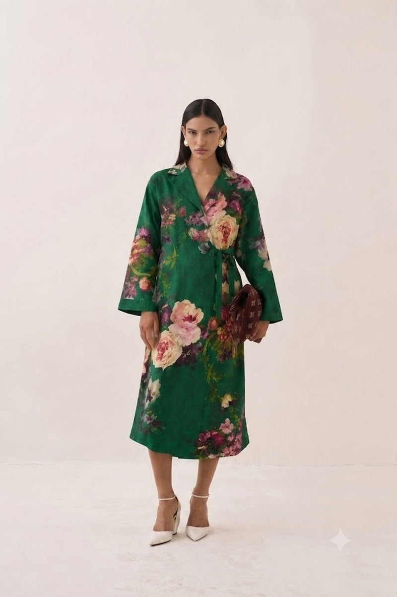 Rosarium Tie knot Trench Dress poplin dress by O'Frida in green for women in Singapore