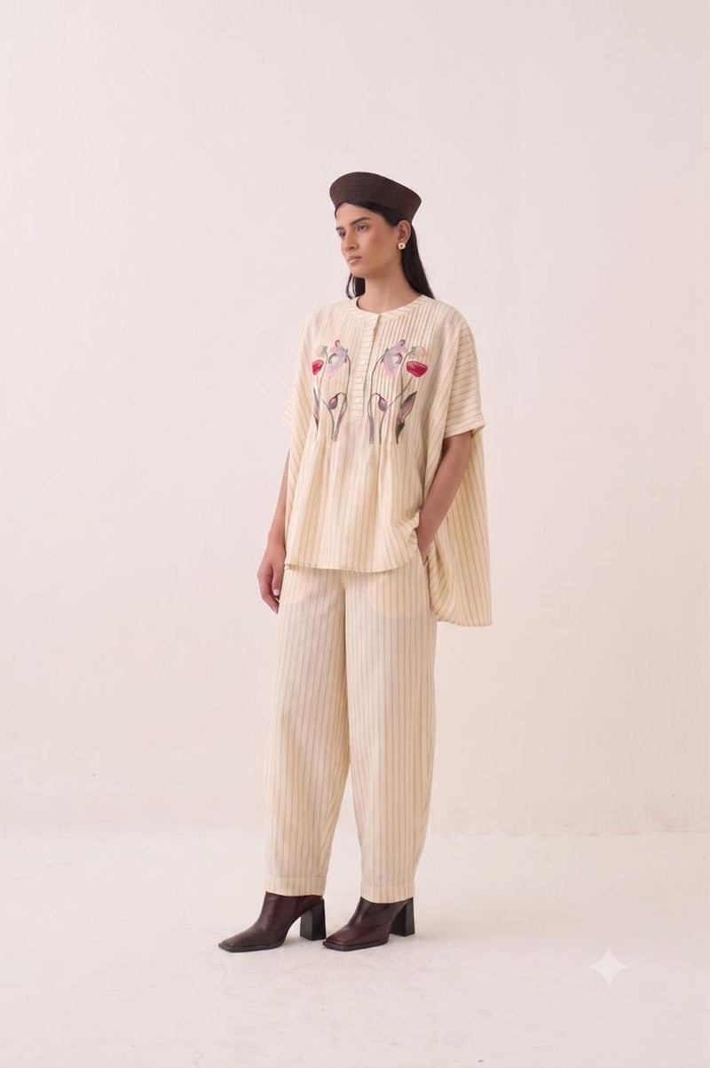 Lehar Rose Top Set cotton slub co-ord set by O'Frida in ivory for women in Singapore