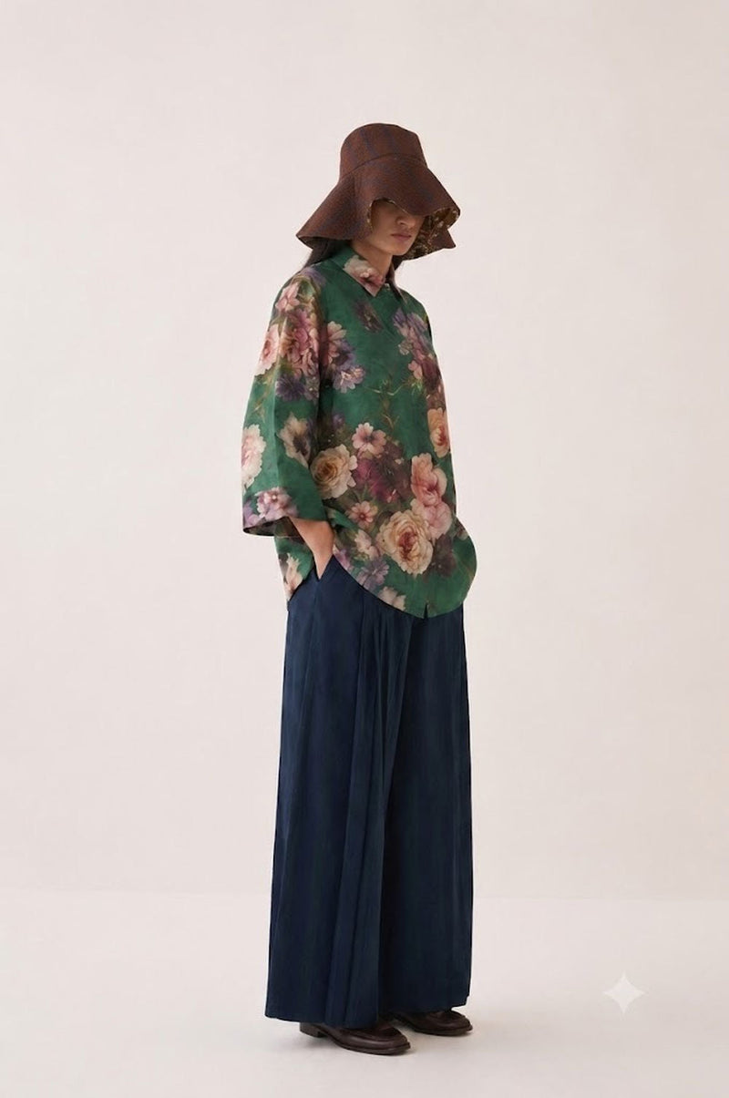 Rosarium Ivy Shirt cotton dobby top/shirt by O'Frida in green for women in Singapore